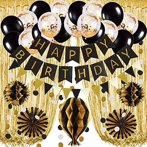Recosis Schwarz Gold Geburtstag Dekorationen, Happy Birthday Banner Gold Folie Fringe Vorhang Hängende Papier Fans Pompoms Dreieckige Wimpel Girlande Konfetti Ballons