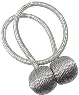 GARDINIA Raffhalter für Vorhänge und Gardinen, Mit Magnet zur einfachen Befestigung, Ø Kugel ca. 30 mm, Ø Schnur ca. 6 mm, Magnetische Raffspange, Flex-S, Silber, 48 cm