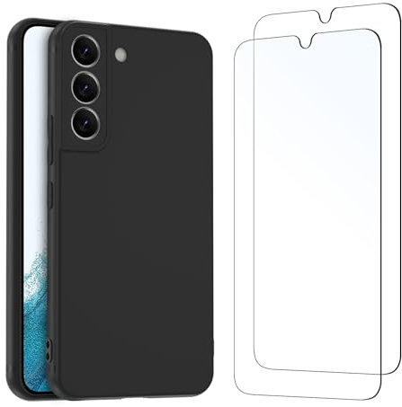 NEW'C Cover per Samsung Galaxy S22 5G in custodia silicone ultra sottile nero e 2 × vetro temperato, pellicola protettiva per schermo