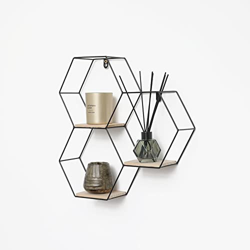 IVOL Wabenförmiges Wandregal aus Metall 3 Holzböden - 40,5 x 41 cm - Schwarz - Hängend Wandregal für Wohnzimmer - Wohnzimmer Regal Wanddeko Hexagon