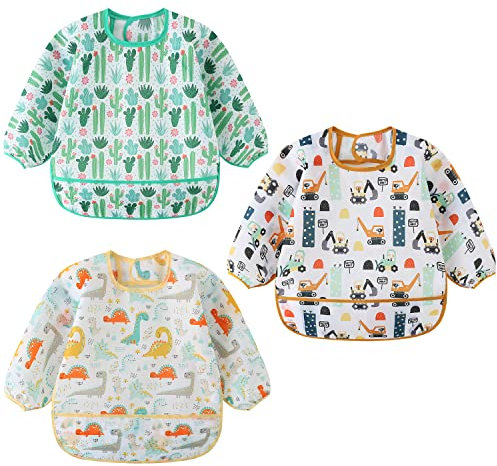 Yealoo 3 Pack Ärmellätzchen Wasserdicht Baby Lätzchen mit Lange Ärmeln für 3-24 Monate (Bagger/Dinos/Kaktus)
