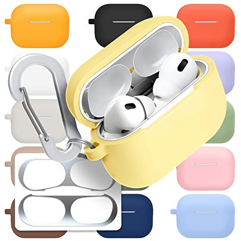 superdivision [3 in 1] AirPods Pro 2 Silicone Case + Anti-Lost Carabiner + Dust Guard Metal Film, Protective Cover with Keychain for Apple AirPods Pro 2 (2022) [Front LED Visible] (Forsythia)