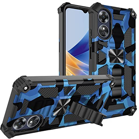 Compatible with Oppo A17 Case, Camouflage Design Military Grade Drop Protective Cover Soft TPU Hard PC Tough Armor Shockproof Phone Case for Oppo A17 with Kickstand, Blue