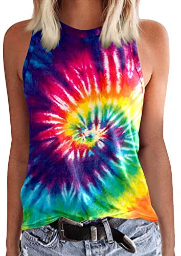 Tank Top Damen Ärmellose Sommer,Bunt Batik mit O Ausschnitt Tie Dye Regenbogen Print Tanktop T-Shirts Bluse T Shirt Oberteile T-Shirt Tee Tops Pullover Hemd Elegante Casual Locker Festlich Teenager