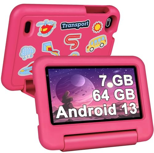 SEBBE Tablet per Bambini 7 Pollici Android 13 Tablet, Tablets con Controllo Parentale, 7GB RAM+64GB ROM (TF 1TB) App preinstallate per Kids,Tablet PC con Custodia Protettiva,Rosso