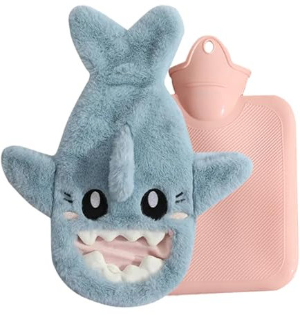 Golgner Wärmflasche mit Bezug, Bettflasche für Kinder mit Weichem Bezug, 1L Warm Hot Water Bottle, mit Flaum Tierbezug Hai Handwärmerbezug, Gummi Warmwasserbeutel für Frauen Männer Kinder