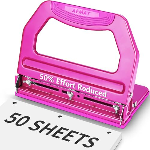 AFMAT Robuster 3-Lochstanzer, 50 Blatt, 2-Lochstanzer, 50% reduzierter Aufwand, 3-Lochstanzer, verstellbarer Dreilocher, 2-Loch-Papierstanzer, Metall-Papierstanzer mit großer Spanablage,