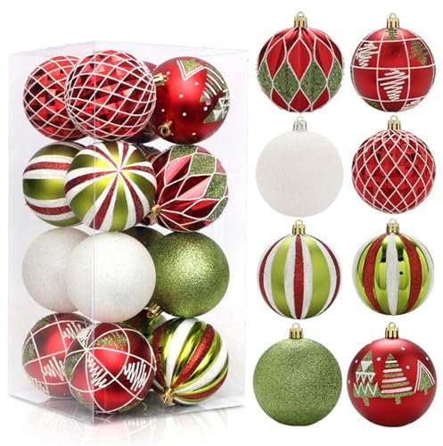 GLITZFAS Weihnachtskugeln 8cm 16 Stück, Kunststoff Christbaumkugeln Weihnachtsdeko Weihnachtsbaumschmuck mit Aufhänger Baumschmuck Weihnachten Deko Ornamente (Rot Grün Gold)