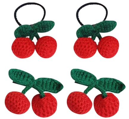 JIHUOO Lot de 4 pinces à cheveux et élastiques à cheveux en forme de cerises douces faites à la main - Accessoires de Noël pour femmes et filles
