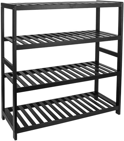 Vencier Bamboo Shoe Rack Natural – Easy Assembly & Strong Design Stand Shelf Organizer Ideal for Corridor, Bedroom, Bathroom, Hallway & Small Spaces, Large Capacity (Black, 4 Tier)