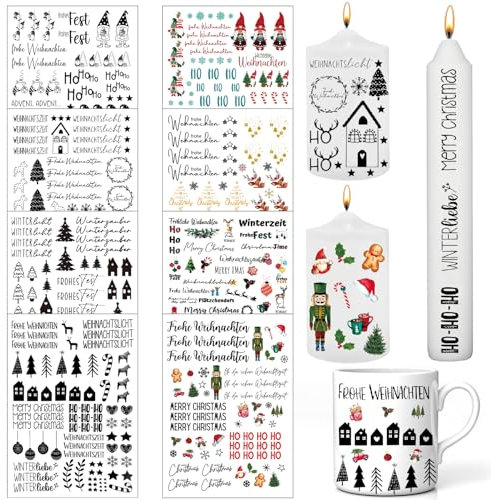 Weihnachten Kerzen Sticker, 8 Stück Kerzenfolie Weihnachten, Kerzentattoos Weihnachten, Kerzen Tattoo Folie, DIY Kerzensticker, zum Verschönern von Kerzen und Keramik mit Ihrem eigenen Stil