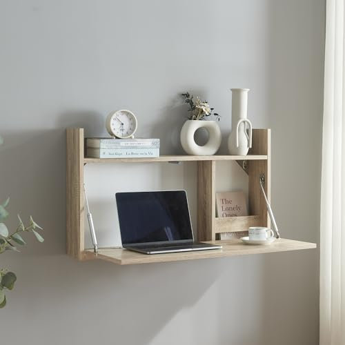 [en.casa] Scrivania Ribaltabile Tavolo a Scomparsa Scrivania da Parete con Scomparti e Ripiano Tavolo a Ribalta Postazione di Lavoro Studio Salvaspazio - Effetto Rovere
