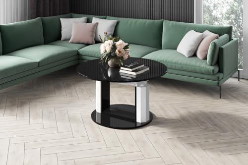 Design Couchtisch HEM-111 Hochglanz ausziehbar höhenverstellbar Tisch, Farbe:Schwarz Hochglanz - Weiß Hochglanz
