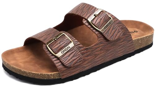 ONCAI Mens Sandals,Beach Slides Cork Footbed Summer Slippers with Adjustable Buckle Straps Woodgrain Khaki Size 10