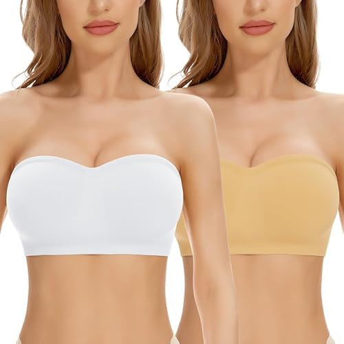 Jiuday Trägerloser BH Push Up Gepolstert Bandeau BH ohne Träger Bandeau Top Damen Bralette mit Rutschfester Silikon Transparente Träger Soft Seamless Strapless Bra ohne Bügel (Beige+Weiß,2XL)