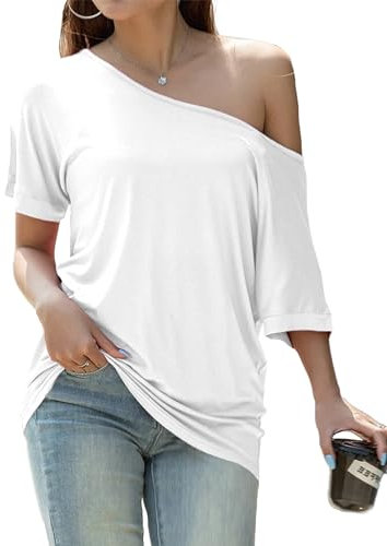GingDin Off The Shoulder Tops for Women Batwing Short Sleeve Summer T Shirts White Off Shoulder Top Tee Shirts L