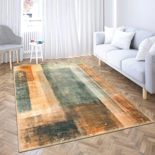 Comart, Tappeto Shedir Arredo, a Pelo Corto, Morbido, per Salotto, Camera da Letto, Design Moderno e Elegante, Arredamento Classico e Contemporaneo, Stampato, Grigio e Arancio 133x200 cm