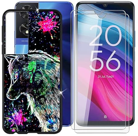 BUNAL Cover per TCL 505 (6.75) + (2 pezzi) Vetro Temperato, Custodia per Antiurto Antigraffio Protettiva Case Ultra Sottile Silicone Cover + Pellicola - Scarabocchio Lupo