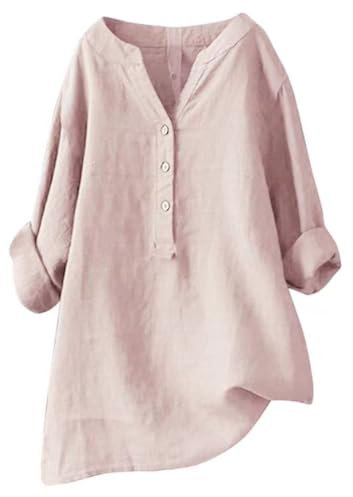 seiveini Chemisier en Coton et Lin à Manches 3/4 pour Femme Blouses Ample à Col en V Chemises Tunique D'été Couleur Unie Hauts Top Lâche Respirant T-Shirts Grande Taille Pas Cher A Rose 3XL