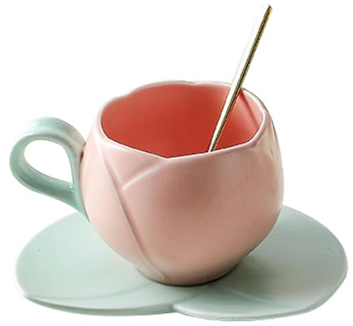 Taza de té de flores, taza de café de cerámica, taza de café en forma de Tul-IP, bonita taza rosa para mujer con platillo, taza de té con mango cómodo para taza del hogar, apta para lavavajillas