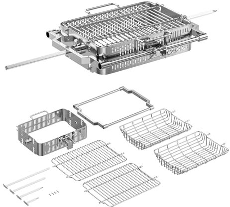 Rotisserie Basket Kit for Kamado Joe Adjustable Basket Accessory Kit with a Flat Basket, Tumbler Basket and Quick Connect Rod for Kamado Classic Joe Big Joe and most Smoker/Charcoal/Gas Grills