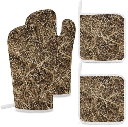 Oven Mitts and Pot Holders 4 Pcs Kitchen Oven Glove Hay Texture Photo Oven Mitt Non-Slip Oven Gloves for Cooking Heat Resistant Hot Pads for Microwave BBQ