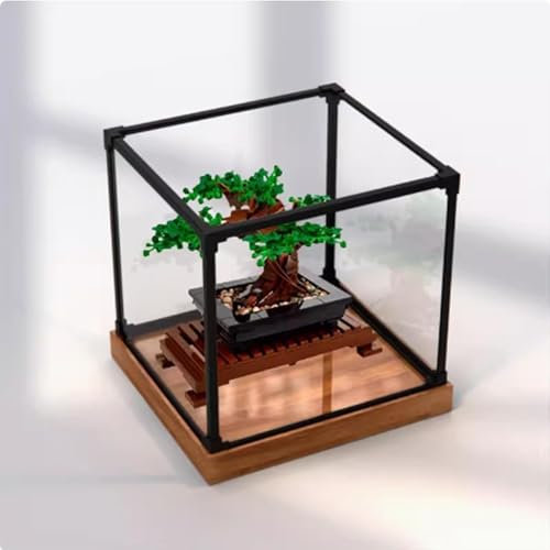 Transparente Acryl-Displaybox für Lego 10281 Bonsai-Modell, staubdichte Aufbewahrungsbox (Modell nicht im Lieferumfang enthalten) (Holzmaserung-Basis)