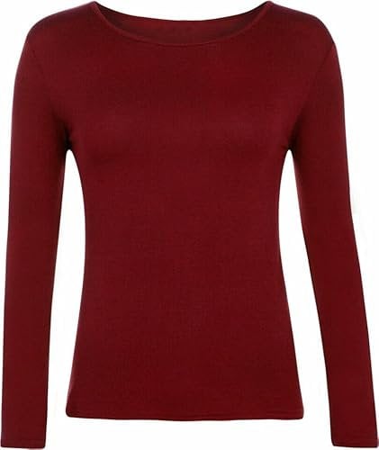 FASHION MY LOVE Women Ladies Long Sleeve Round Neck Plain Top Stretchy Casual Summer T-Shirts Basic Slim fit Tee Tops UK Plus Size 8-26 Wine