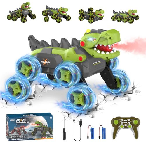 Dinosauro Macchina Telecomandata - 8WD 2.4Ghz RC Stunt Car per 4 5 6 7 8 anni ragazzi, trasformare le caratteristiche con 360 ° rotazione, spruzzare, luce, ruotare, compleanno regali di Natale (Verde)