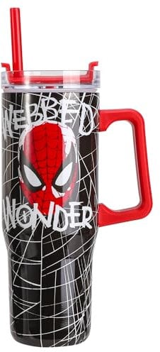 Spiderman 940mL/33oz Double Walled Vacuum Insulated Stainless Steel Tumbler Cup with Handle and Straw, Reusable Insulated Cup for Cold and Hot Drinks