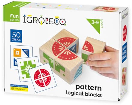 Igroteco® Logische Holz-Würfel Muster Legen – Kreatives Lernspiel für Kinder ab 3 Jahren, 4 Würfel und 50 Aufgaben – Pädagogisches Spielzeug für zu Hause und Kindergarten