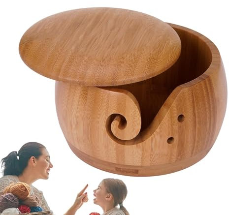 MWZBTG Cuenco de de madera, almacenamiento de hecho a mano, cuenco de de crochet evita enredos, cuenco de lana para tejer y ganchillo, 15 x 8 cm