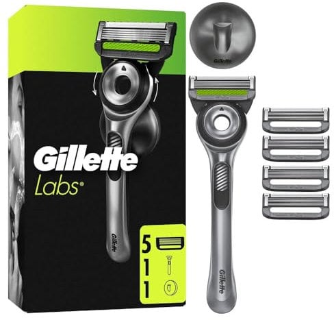 GilletteLabs Maquinilla De Afeitar Con Barra Exfoliante Integrada, 1 Mango, 5 Cuchillas De Recambio Con Banda Lubricante, 1 Estuche De Viaje, 1 Colgador De Pared