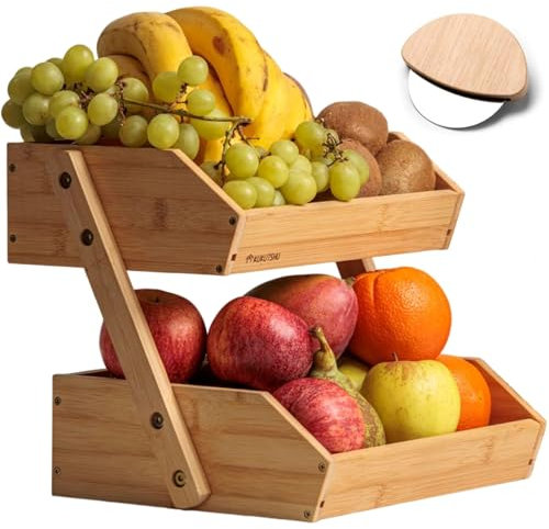 KUKUTSHU Frutero de Madera de Bambú de 2 Pisos - Organizador de Cocina Moderno - Verdulero y Panera + Corta Pizza de Bambú