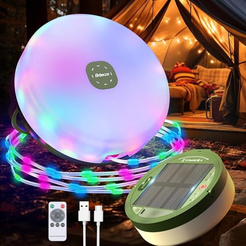 Orbecco Camping Lichterkette Solar 12m, 2 in 1 Verstaubare Camping Licht mit 13 Beleuchtungsmodi, USB Wiederaufladbare Laterne, IP45 Wasserdichte Tragbare Zelt Licht für Draußen, Terrasse, Garten