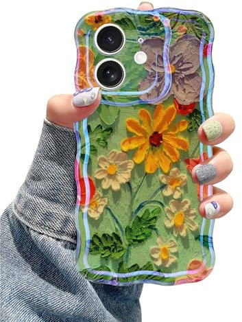 Jusy Compatible with iPhone 11, Colorful Retro Oil Painting Printed Flower Laser Glossy Pattern Cute Curly Wave Phone Case Soft TPU Cover for Girly Women - Green Yellow