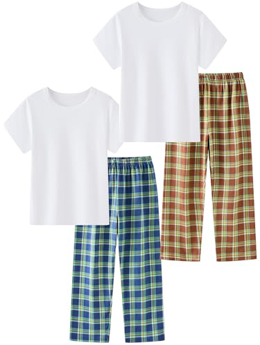 LOLPIP Jungen Pyjamas 4-teiliges Set Kinder Kleidung Stretch gerippte Baumwolle Nachtwäsche Weiß Top Karierte Hosen Nachtwäsche 3-11 Jahre