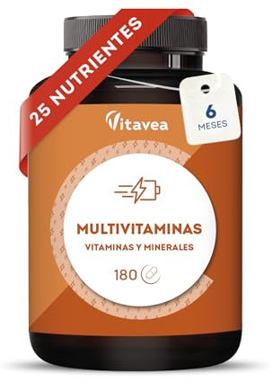 Multivitaminas y Minerales – 25 Nutrientes con Vitaminas A, B, C, D, E, Zinc y Hierro – 180 Comprimidos – Energía, Defensas, Piel y Cabello – Multivitaminas Hombre y Mujer – Vitavea