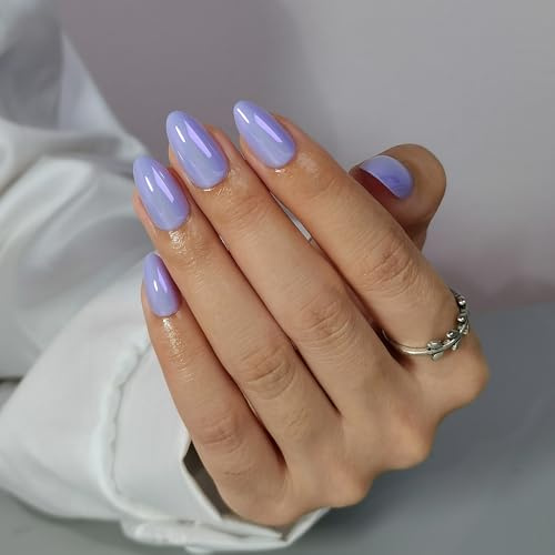 Press On Nails Almond - Findigit Glossy Soft Gel Press on Chrome Nail, Natural Fit Fake Nail with Glue On Nails in 16 Sizes - 32 Stick On Nail Kit, Purple Glazed