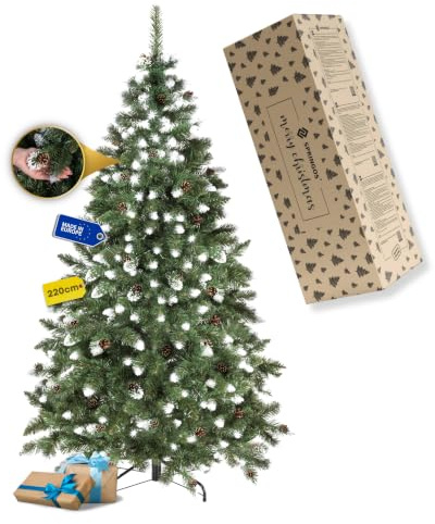 Künstlicher Weihnachtsbaum Diamant-Kiefer 220 cm mit Zapfen – Springos | Realistischer PVC-Weihnachtsbaum mit weißen Spitzen, Frostglitzer und Naturzapfen für festliche Dekoration