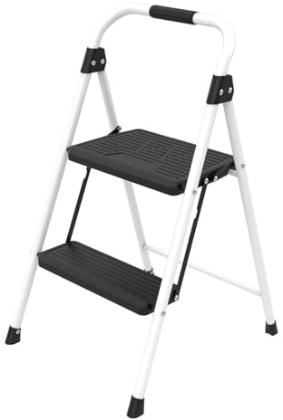 Azuma 2 Step Steel Ladder – White – with Anti-Slip Handrail, Wide Top Platform, Folding Design, Powder-Coated Frame – Ideal for Home, DIY, Decorating, Garage – EN14183 Certified