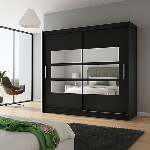 Agritrade AK BEGA III 180cm Wardrobe with Hanging Rail, Sliding Doors, Shelves, and Mirror Storage - Black