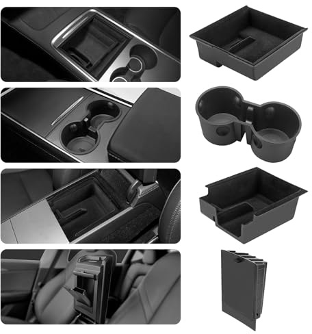 4Pcs Center Console Organizer Tray for Tesla Model 3 2021-2023 and Model Y 2021-2024 Interior Accessories, Armrest Hidden Storage Box for Model 3 21 22 23, Cup Holder Insert for Model Y 21 22 23 24