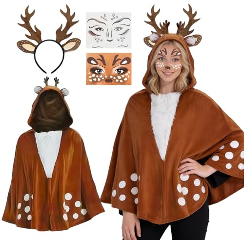 Reh kostüm damen fasching,Karneval Kostüm damen Reh mit Rentier Geweih Haarreifen Rentier Ohren,Reh Bambi Cape mit Kapuze,Gesichtstattoo,Reh Tier Kostüm Erwachsene für Fasching Weihnachten Motto Party