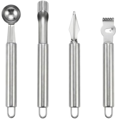 YIPFEN Set 4 in 1 Scavino per Melone, Svuotamele, Levatorsoli, Coltello Decorativo per Frutta, Utensile da Cucina in Acciaio Inossidabile per Creare Sfere