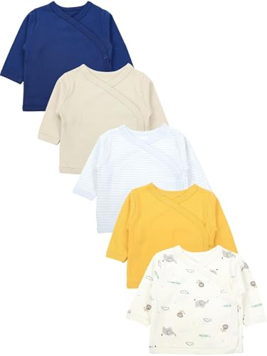 TupTam Baby Jungen Langarm Wickelshirt Baumwolle 5er Set, Farbe: Gelb_Blau_Beige_Tiere_Streifen, Kinder Größe: 74