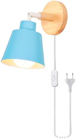 iDEGU Wandleuchte Innen Retro Wandlampe aus Holz und Metall Vintage Lampe mit Stecker und Schalter E27 Verstellbar Wandspot Moderne Wandleuchte für Schlafzimmer Flur Eingang Wohnzimmer (Matt Blau)