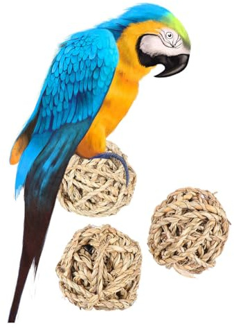 Toddmomy Jouet pour Perroquet 3 Pièces Boule Tissée en Paille Beige de Balle pour Soulager L'ennui et Nettoyer Dents de Votre Animal