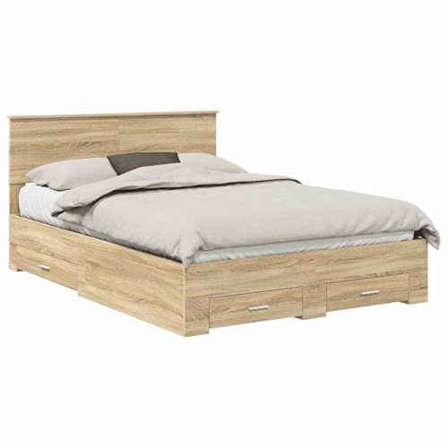 Owoxanthellate Stauraumbett Sonoma Eiche 140x200 cm mit Kopfteil und Schubladen Modernes Design Robustes Holzwerkstoff Doppelbett für Schlafzimmer Gästezimmer