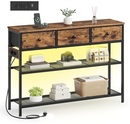 SONGMICS BELLAH Kollektion - Konsolentisch mit Steckdose, Sofatisch schmal, Flurtisch mit LED-Beleuchtung, Wohnzimmer, Flur, 30 x 98,8 x 78,7 cm, 3 Stoffschubladen, vintagebraun LGS198K102